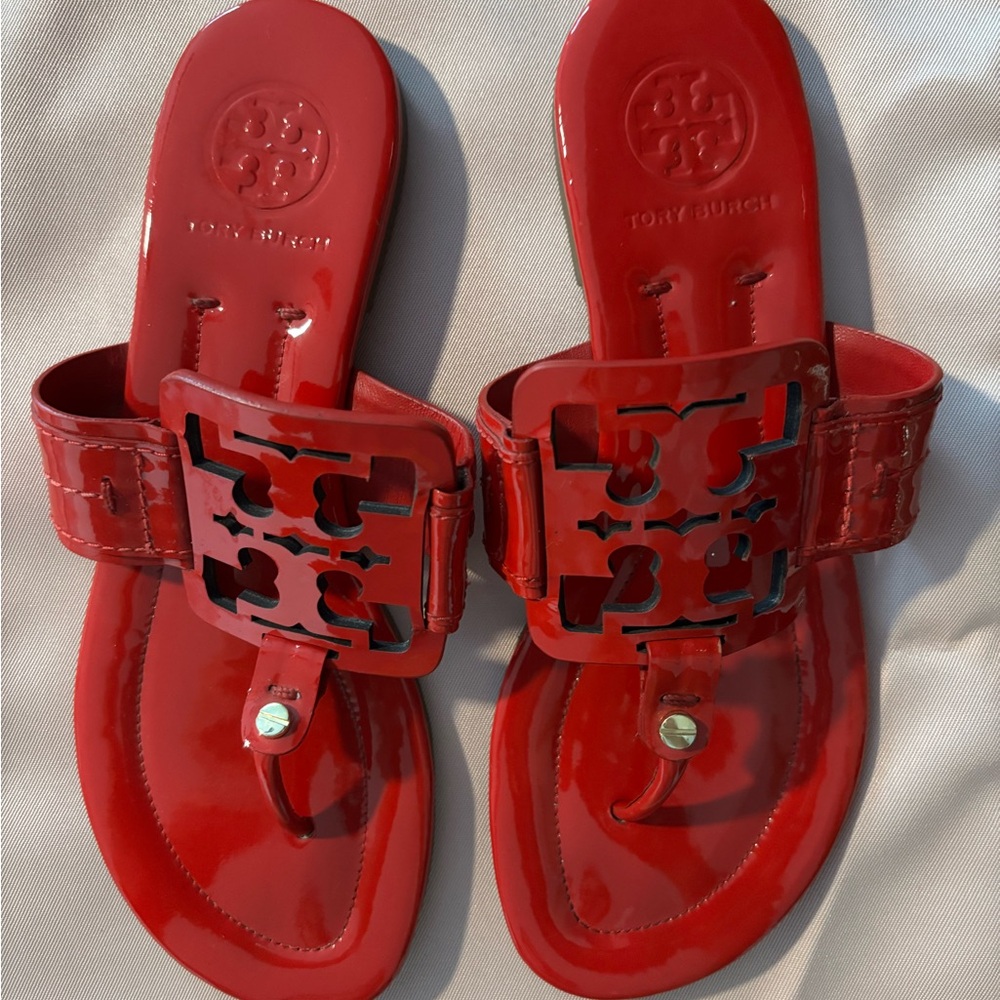 Tory Burch Red Slide Sandals with Glossy Finish